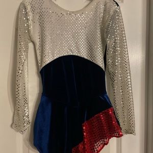 Girls Handmade Patriotic Red, White & Blue Figure Skating Sequin/Velvet Dress.